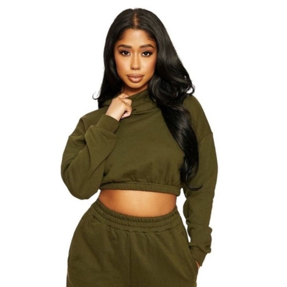 NWOT Naked Wardrobe Olive Green Cropped Hoodie Size LARGE